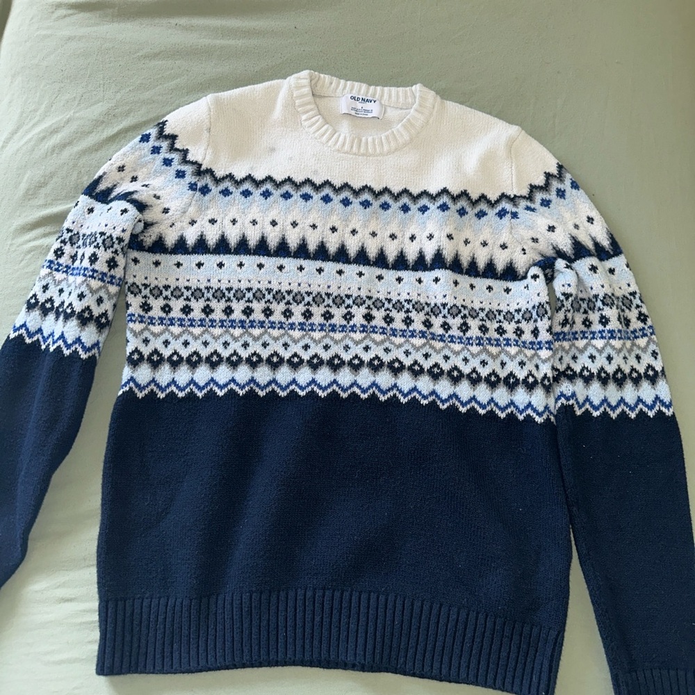 Old Navy Blue and White Crewneck Sweater with Geometric Patterns